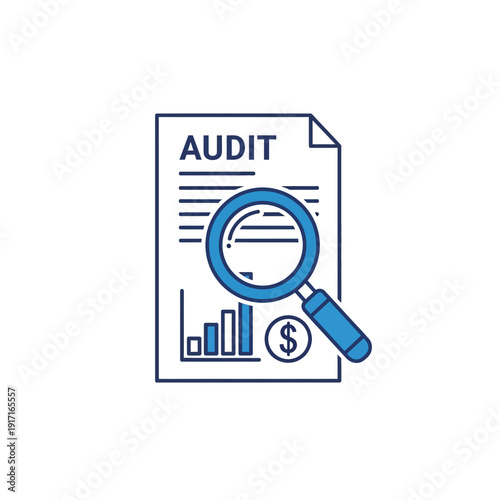 Financial audit document with magnifying glass icon, symbolizing business inspection, data analysis, and regulatory compliance for accuracy and transparency