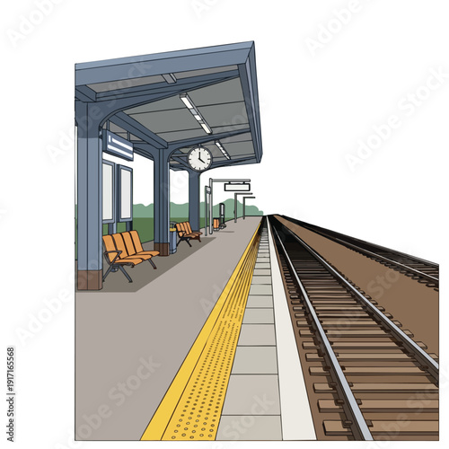 Modern Train Station Platform with Comfortable Seating and Clear Signage