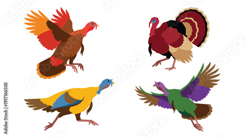 Colorful Cartoon Turkeys Vector Set. Dynamic Poses of Wild and Farm Birds. Flat Illustration for Thanksgiving and Nature Designs.