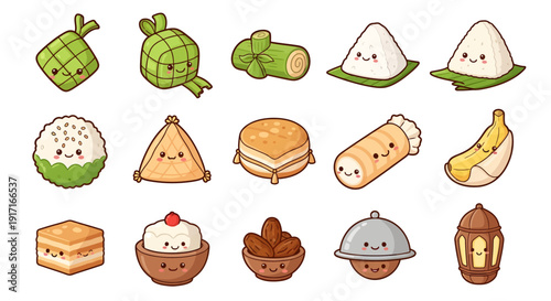 Kawaii Ramadan Iftar Food and Eid Mubarak Icon Set, Cute Traditional Indonesian Cuisine Illustration