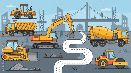 Construction site with heavy machinery and road construction in progress near a bridge