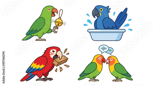 Adorable Cartoon Parrots Set: Green, Blue Macaw, and Lovebirds in Playful Daily Activities