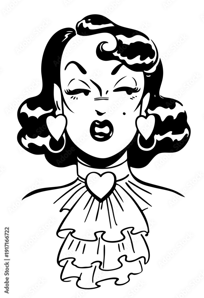 Obraz premium 1950s Retro Glamour Woman with Heart Earrings and Ruffled Collar Vintage Pin-Up Beauty Portrait, Classic Hollywood