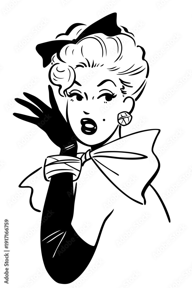 Obraz premium Retro Chic 1950s Cocktail Woman Portrait with Long Gloves and Bow, Classic American Glamour Fashion