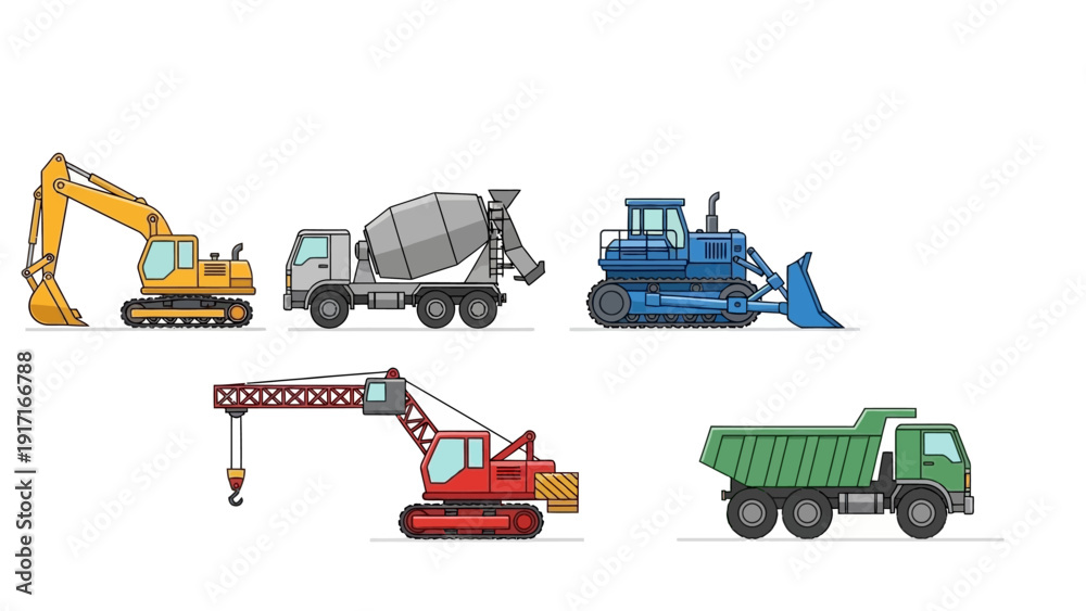 Obraz premium Construction site with excavator, cement mixer, bulldozer, crane, and dump truck in action