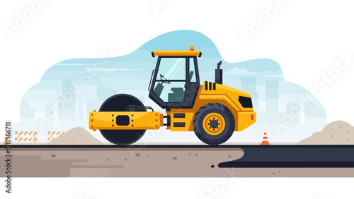 A yellow road roller compacts gravel on a construction site with orange cones nearby