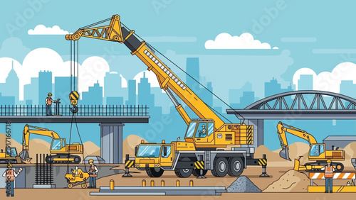 Construction site with crane and excavators building a bridge overpass in urban landscape