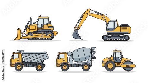 Construction site vehicles including excavator, bulldozer, dump truck, and cement mixer, viewed from the side in a clean industrial setting.
