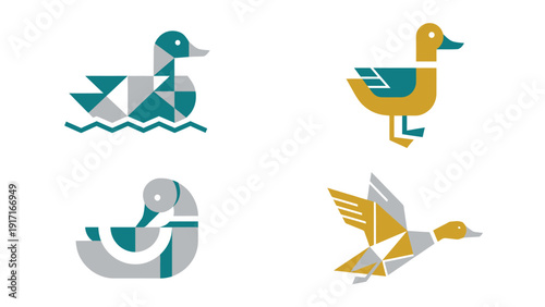Geometric Duck Icons Set. Modern minimalist vector illustrations of ducks in various poses: swimming, standing, resting, flying.