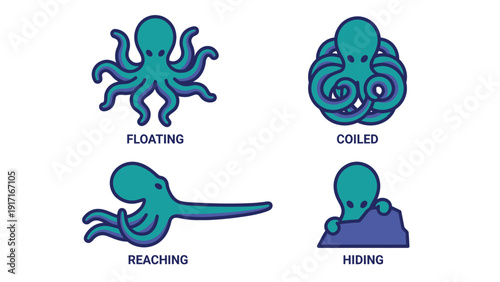Cartoon Octopus Poses Collection: Floating, Coiled, Reaching, Hiding. Cute aquatic animal behavior illustrations.