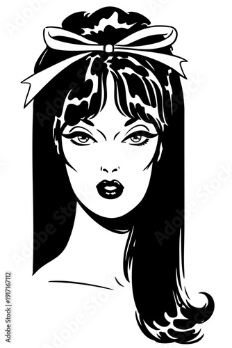 1960s Rockabilly Pin-Up Girl with Bow Headband and Dramatic Makeup Retro American Beauty Portrait