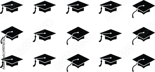 CAD drawing flat vector illustration, graduation cap silhouette collection, tassel position variation, black and white artwork, academic achievement symbol, education milestone design