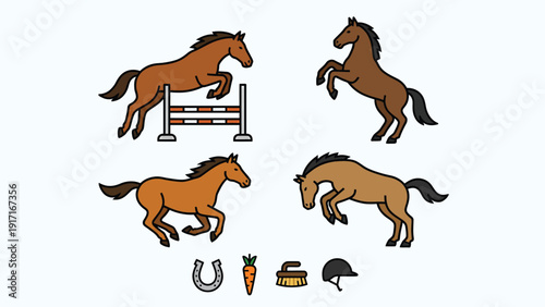 Equestrian Cartoon Horse Vector Set: Dynamic Poses & Riding Accessories - Jumping, Rearing, Running, Bucking
