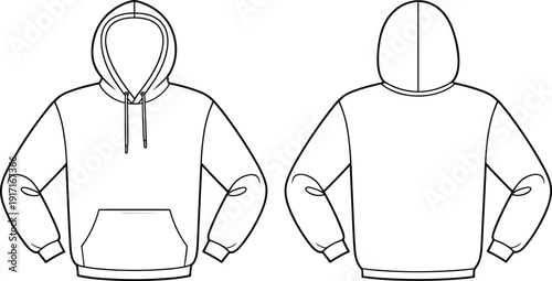 CAD drawing flat vector illustration, hoodie technical sketch, fashion sweatshirt design, front and back view, garment template, apparel construction