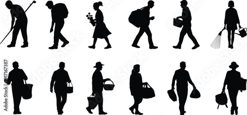 CAD drawing flat vector illustration, human activity silhouette collection, everyday posture design, black and white artwork, lifestyle concept, social role graphic