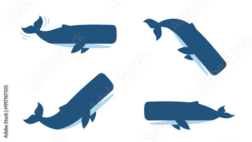 Set of stylized blue sperm whale vector illustrations swimming in various poses