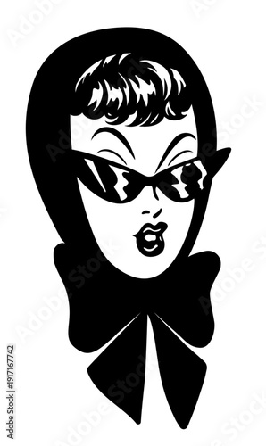 Vintage Retro Woman Portrait in Headscarf and Cat Eye Sunglasses, Bold 50s American Pin-Up Lady with Dramatic Lips, Mid-Century Hollywood Glamour Fashion Character