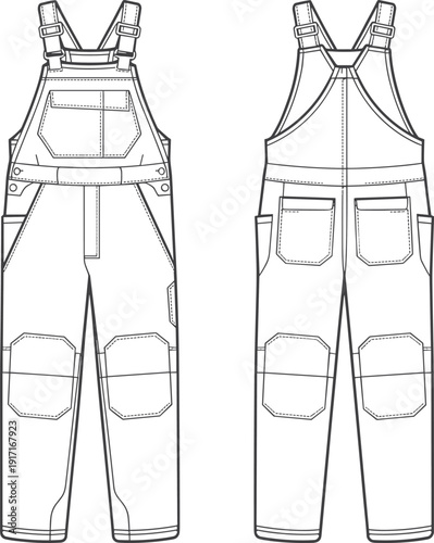 CAD drawing flat vector illustration, technical overall sketch, fashion design template, adjustable strap detail, garment construction, patch pocket layout