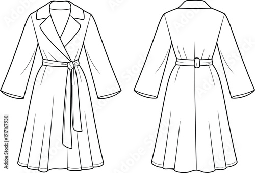 CAD drawing flat vector illustration, trench coat technical sketch, fashion garment design, belted waist detail, front and back view