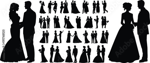CAD drawing flat vector illustration, wedding couple silhouette collection, romantic pose design, formal attire concept, black and white artwork, love theme