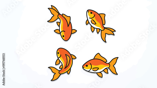 Cute Cartoon Goldfish Collection: Simple flat vector illustration of four orange fish with black outlines on white.