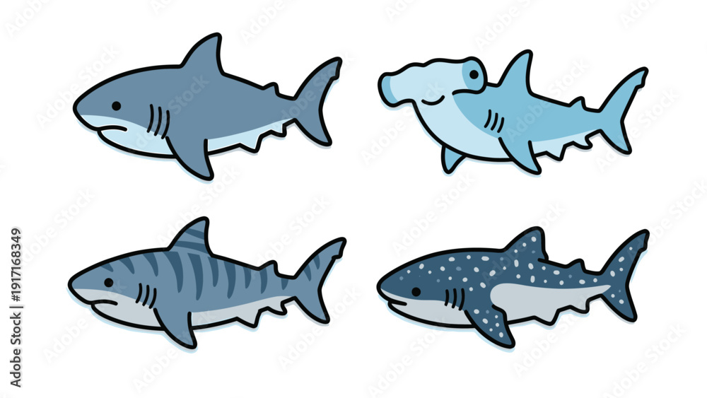 Obraz premium Cute Cartoon Shark Species Vector Set: Great White, Hammerhead, Tiger, and Whale Sharks. Marine life illustration.