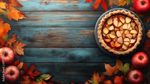 Wallpaper Mural Delicious Homemade Apple Pie Surrounded by Autumn Leaves and Fresh Apples on Rustic Wooden Table. Torontodigital.ca