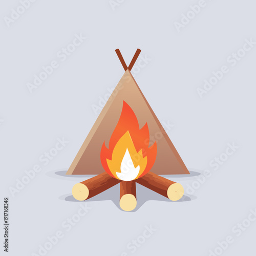 Cozy campfire burning in front of a teepee tent.