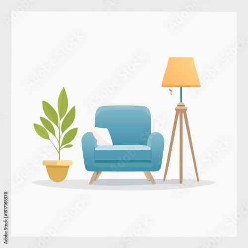Cozy Living Room Corner with Armchair, Plant, and Floor Lamp.