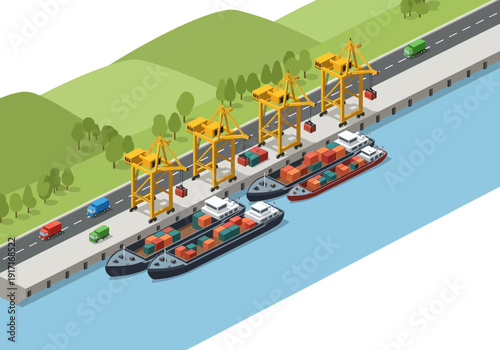 Industrial harbor scene with cranes, ships, and vehicles near a river or lake, viewed from an aerial perspective