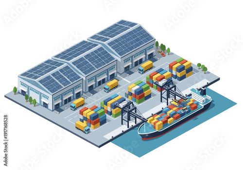 Aerial view of a modern industrial dock with solar panels, cargo ships, and containers in a bustling commercial port environment.