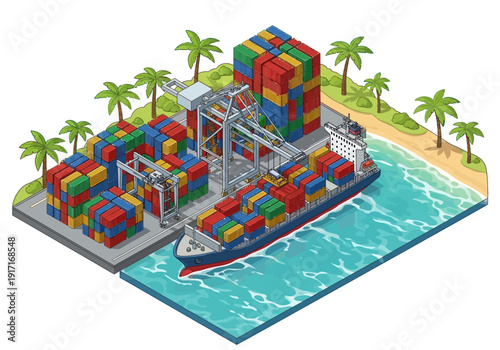 Cargo ship loading colorful containers at a tropical port with cranes and palm trees surrounding the dock