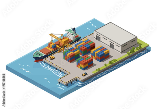 Isometric view of a bustling industrial harbor with cargo ships and containers