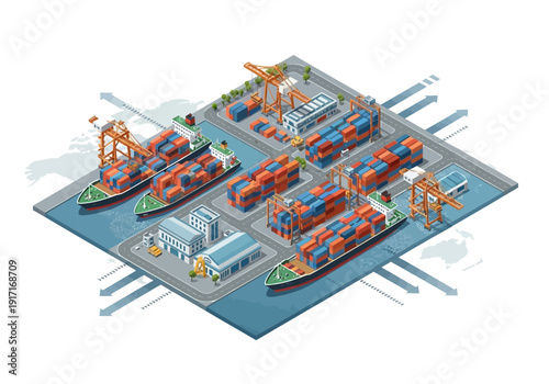 Isometric illustration of cargo ships and cranes at a busy dockyard with industrial infrastructure
