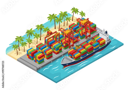 Cargo ship docked at a tropical port with containers and palm trees alongside