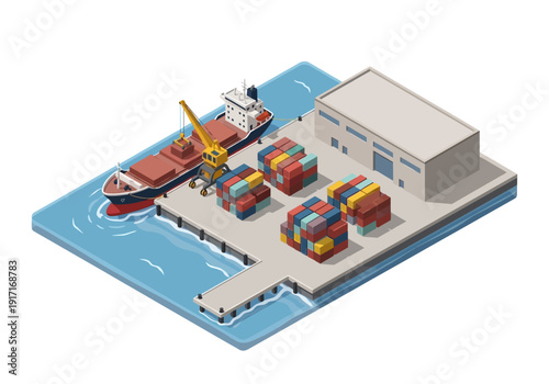 Cargo ship docked at industrial harbor with containers and warehouse facility viewed from above