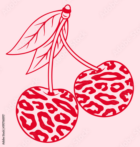 Leopard Print Valentine Decorative Cherries – Valentine Pink Wild Animal Pattern Romantic Fruit February 14