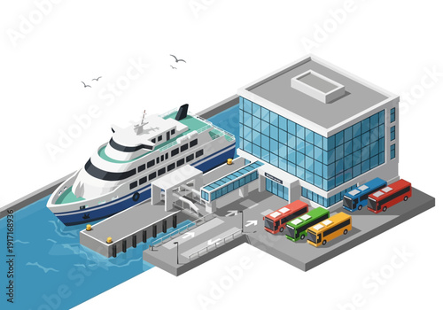 Isometric illustration of a modern ferry docked at a terminal with trucks and building