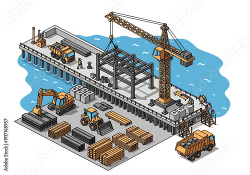Isometric illustration of construction site with cranes and excavators on dock by water