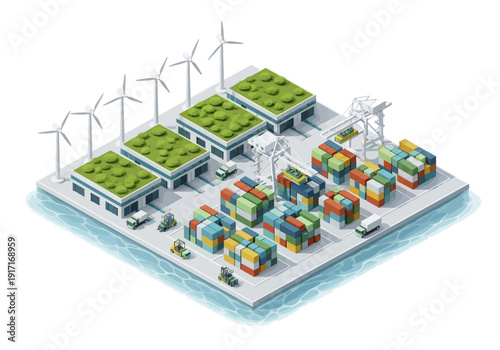 Sustainable Industrial Facility with Wind Turbines and Shipping Containers on Waterfront