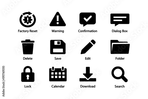 Set of black user interface icons: reset, warning, confirm, dialog, save, edit