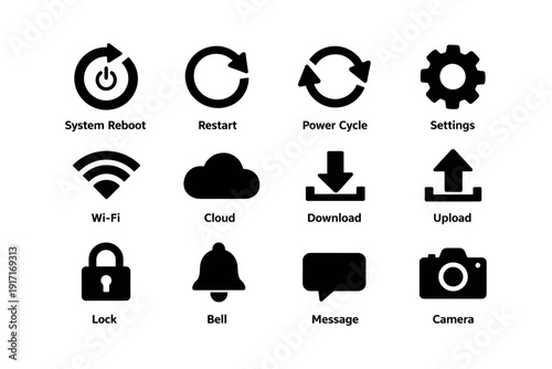 Technology icons: reboot, settings, wi-fi, cloud, upload, download