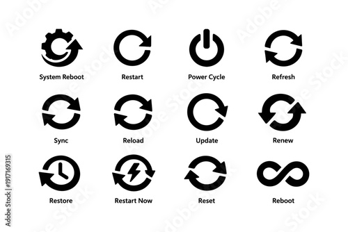 Set of 12 black refresh and restart icons for digital interfaces