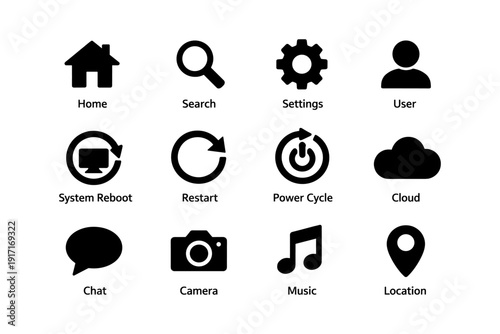 Home technology icons: house, search, settings, user, cloud, camera, music, location