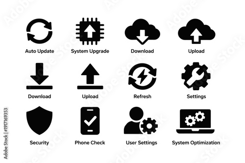 Computer icons for updates, downloads, security, and settings