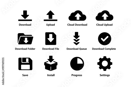 Download and upload icons set with cloud, file, queue, settings, and progress symbols