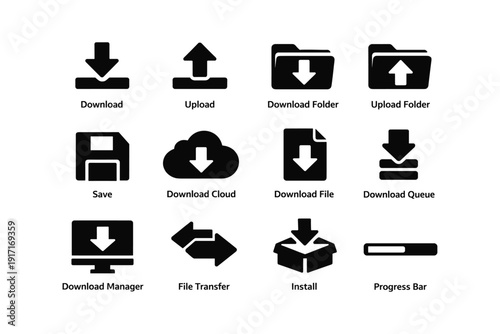 Download and upload icons set featuring cloud, folder, and progress bar symbols
