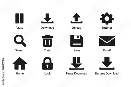 Black icon set: pause, download, upload, settings, search, trash, save, email, home, lock