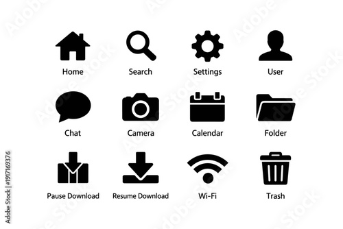 Essential black icons for home, search, settings, user, chat, and more