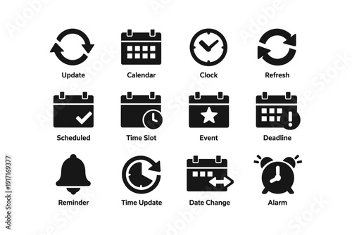 Calendar icons: update, clock, refresh, event, reminder, alarm symbols